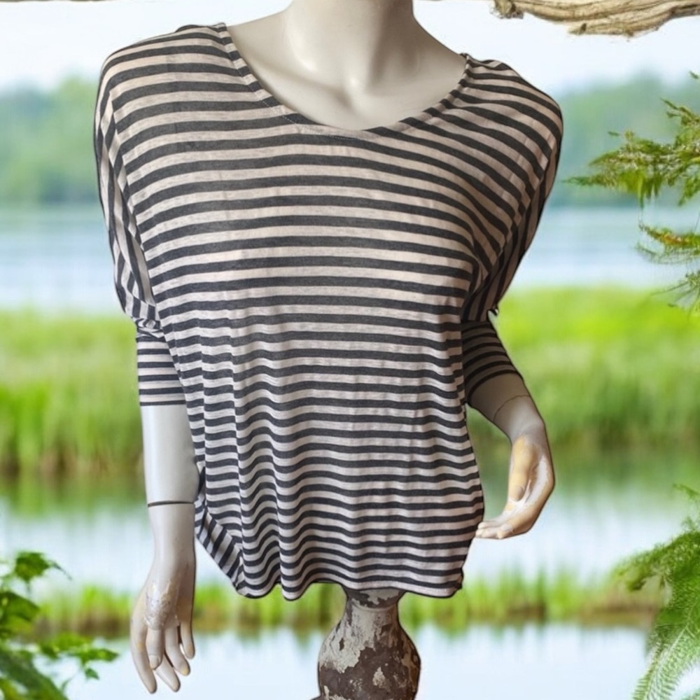 DKNY dark gray white striped boat neck blouse lounge top S
